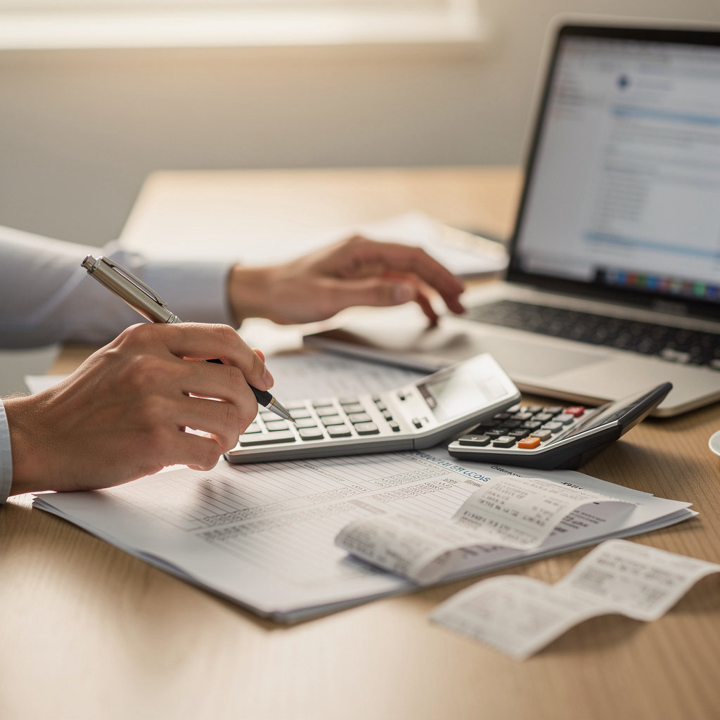 Gutier Income Tax Service expert assisting a San Diego small business owner with tax forms and financial documents